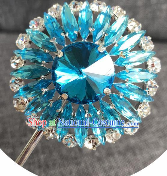 Chinese Ancient Princess Hairpins Traditional Peking Opera Diva Blue Crystal Hair Accessories for Women