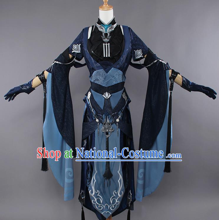 Chinese Traditional Cosplay Female Swordsman Costumes Ancient Knight Navy Dress for Women