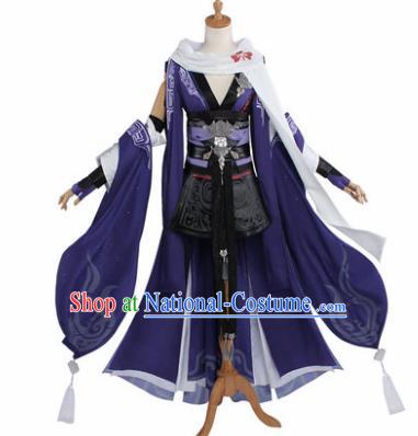 Top Grade Chinese Cosplay Female Assassin Costumes Ancient Swordswoman Purple Dress for Women