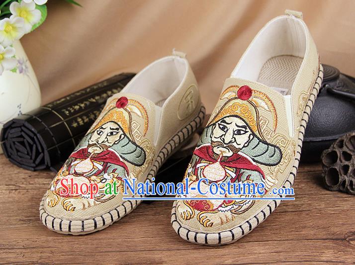 Chinese National Shoes Traditional Cloth Shoes Embroidery Beige Shoes for Men