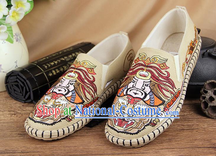 Chinese National Shoes Traditional Beige Cloth Shoes Embroidery Multi-layered Shoes for Men