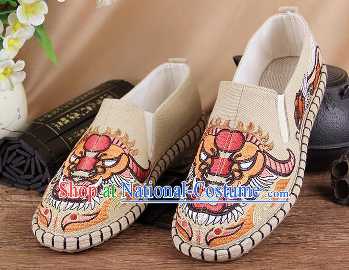 Chinese National Shoes Traditional Cloth Shoes Embroidery Beige Shoes for Men