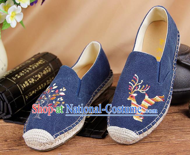 Chinese National Handmade Shoes Traditional Cloth Shoes Embroidery Deer Blue Shoes for Women