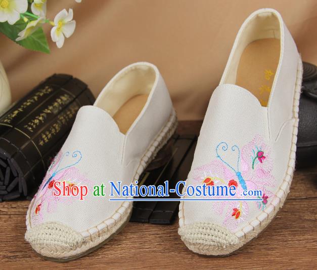 Chinese National Handmade Shoes Traditional Cloth Shoes Embroidery Butterfly White Shoes for Women