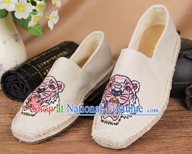 Chinese National Shoes Traditional White Cloth Shoes Embroidery Tiger Shoes for Men