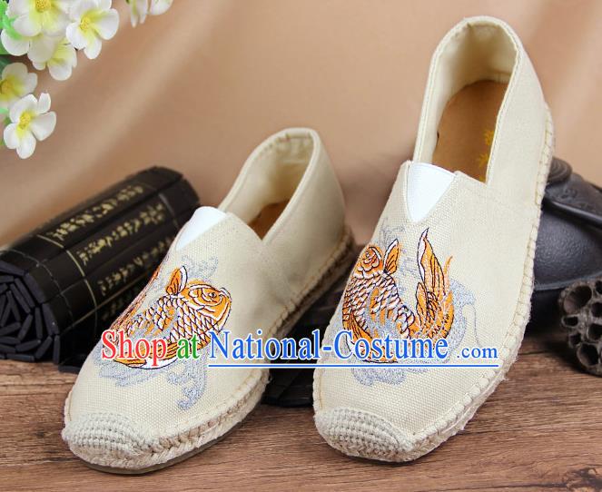 Chinese National Shoes Traditional Beige Cloth Shoes Embroidery Martial Arts Shoes for Men