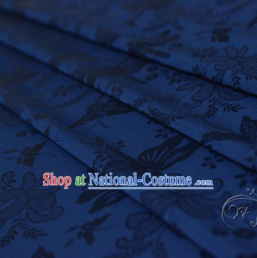 Asian Chinese Traditional Deep Blue Jacquard Silk Fabric Ancient Hanfu Brocade Fabric Drapery Material