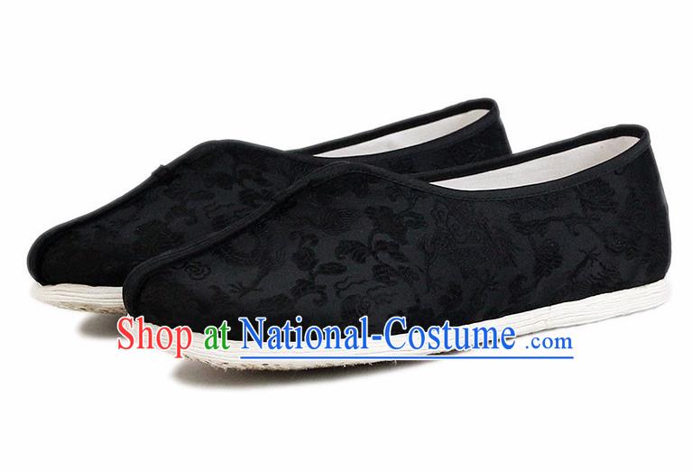 Chinese National Cloth Shoes Traditional Embroidered Shoes Black Satin Shoes for Men