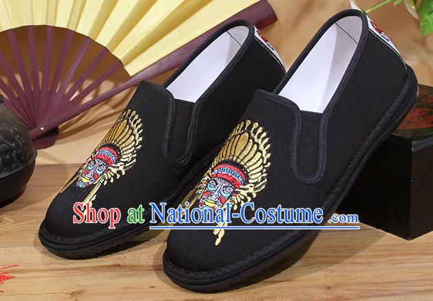 Chinese National Shoes Traditional Embroidery Exorcise Mask Cloth Shoes Black Shoes for Men