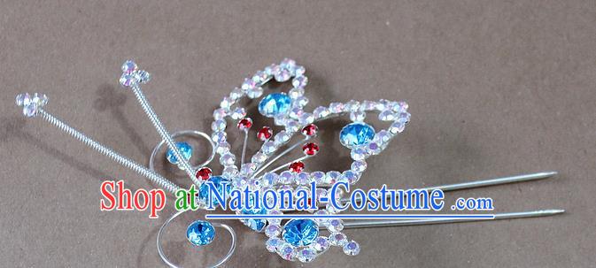 Chinese Traditional Peking Opera Diva Hair Accessories Ancient Princess Blue Crystal Butterfly Hairpins for Women