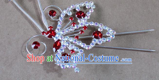 Chinese Traditional Peking Opera Diva Hair Accessories Ancient Princess Red Crystal Butterfly Hairpins for Women