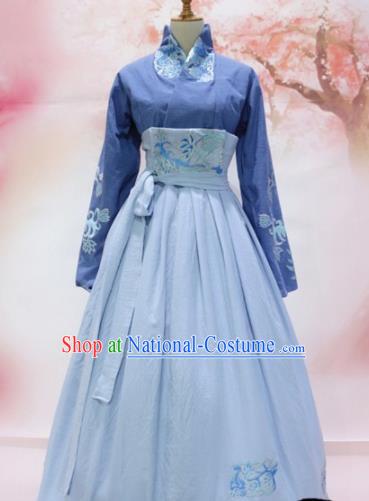 Traditional Chinese Tang Dynasty Embroidered Costume Ancient Princess Blue Hanfu Dress for Women