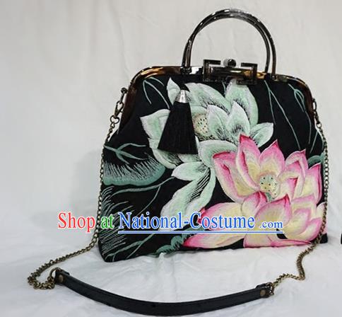 Chinese Traditional Embroidered Craft Handmade Embroidery Lotus Black Bags for Women