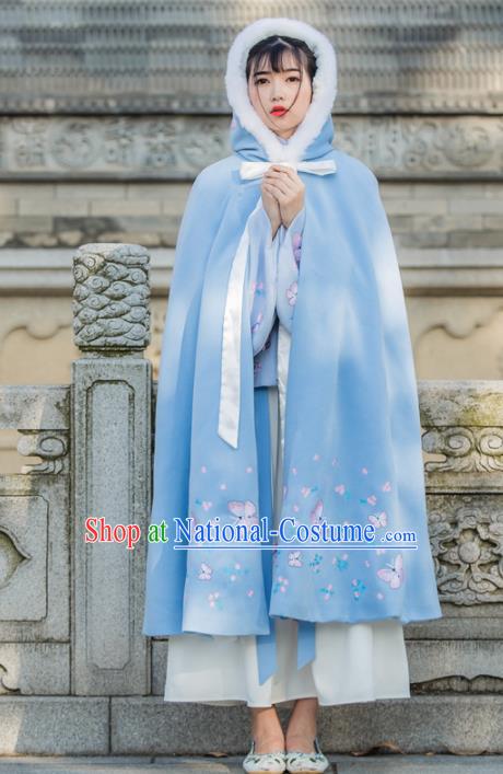 Traditional Chinese Ancient Princess Costumes Embroidered Butterfly Blue Cloak for Women