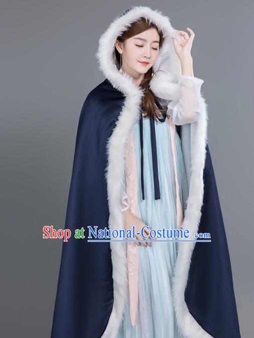 Chinese Traditional Costumes Ancient Princess Hanfu Navy Satin Cloak for Women