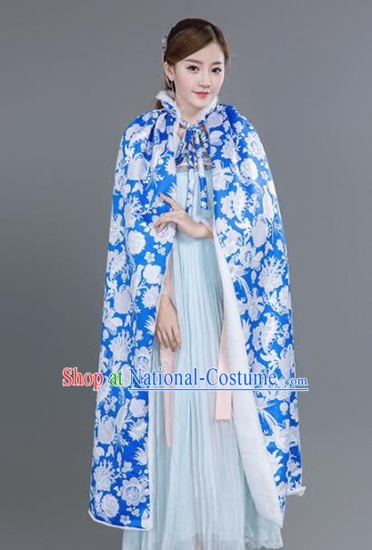 Chinese Traditional Costumes Ancient Princess Hanfu Thicken Blue Cloak for Women