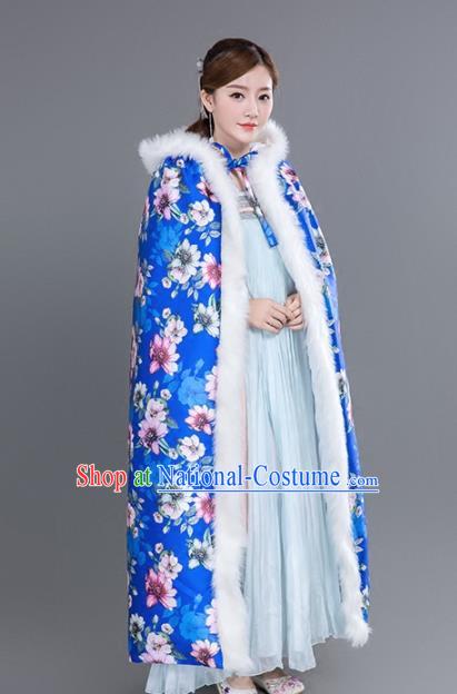 Chinese Traditional Costumes Ancient Princess Hanfu Printing Flowers Thicken Blue Cloak for Women