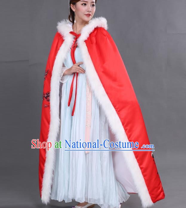 Chinese Traditional Costumes Ancient Princess Hanfu Thicken Red Brocade Cloak for Women