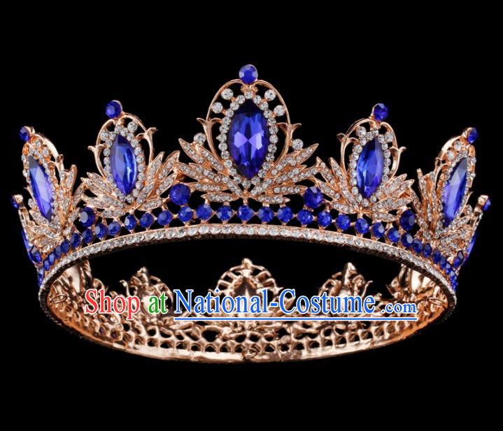 Baroque Style Bride Hair Accessories Princess Retro Blue Crystal Round Royal Crown for Women