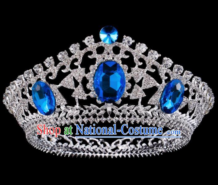 Top Grade Baroque Bride Retro Hair Accessories Princess Blue Crystal Round Royal Crown for Women