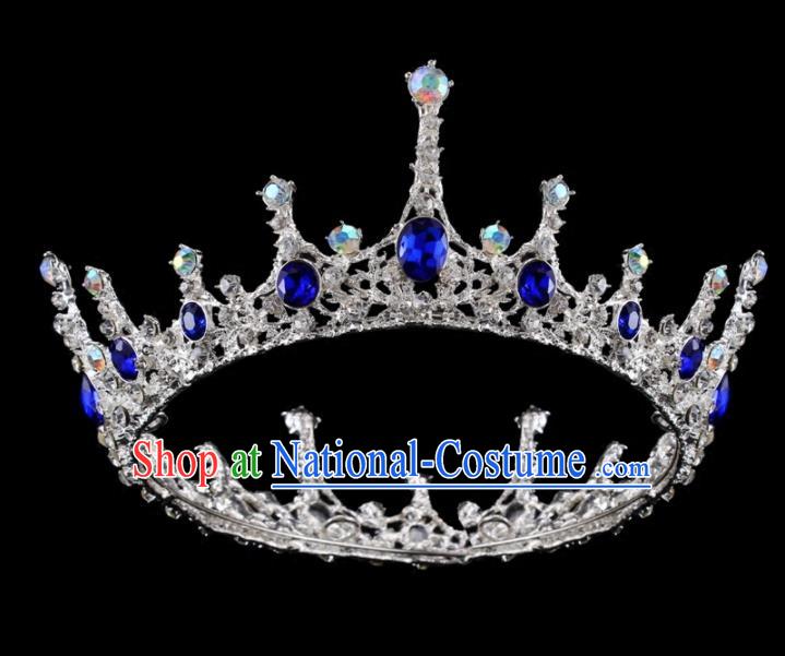 Top Grade Baroque Retro Round Royal Crown Bride Blue Crystal Wedding Hair Accessories for Women