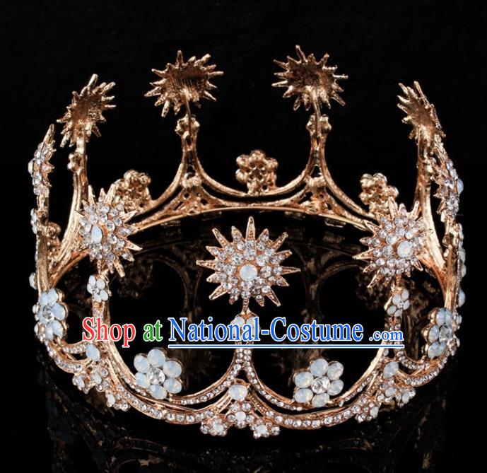 Top Grade Baroque Princess Retro Golden Round Royal Crown Bride Crystal Wedding Hair Accessories for Women