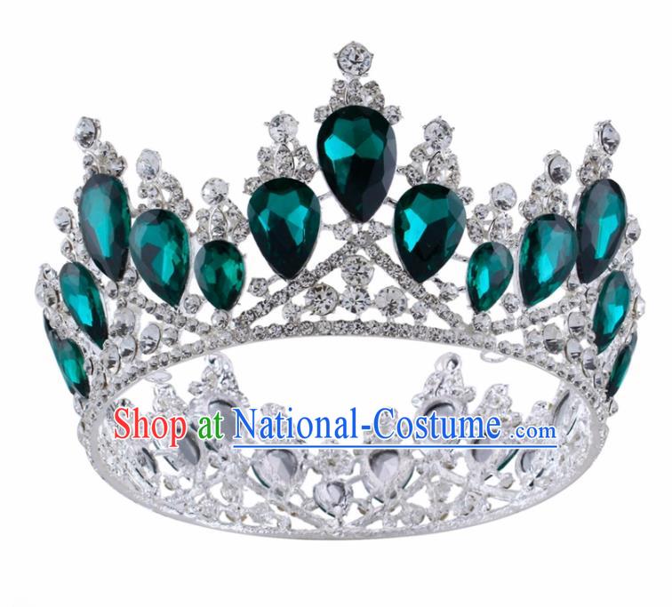 Top Grade Baroque Princess Retro Round Royal Crown Bride Green Crystal Wedding Hair Accessories for Women