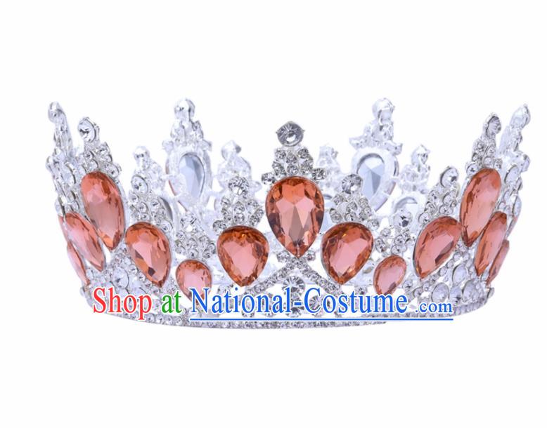 Top Grade Baroque Princess Retro Round Royal Crown Bride Orange Crystal Wedding Hair Accessories for Women