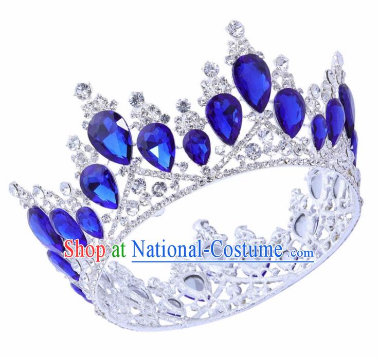 Top Grade Baroque Princess Retro Round Royal Crown Bride Blue Crystal Wedding Hair Accessories for Women