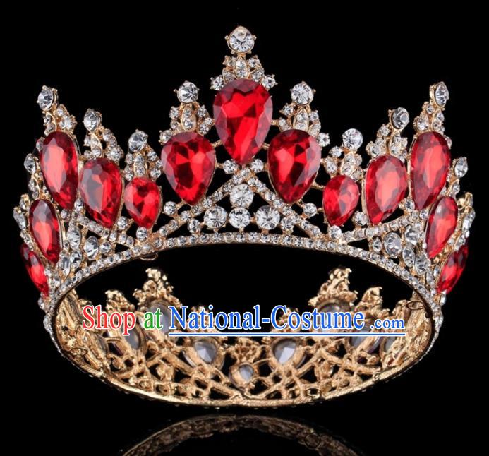 Top Grade Baroque Princess Retro Golden Round Royal Crown Bride Red Crystal Wedding Hair Accessories for Women