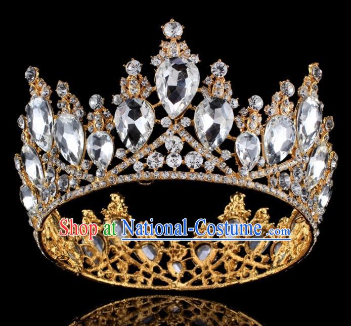 Top Grade Baroque Princess Retro Golden Round Royal Crown Bride Crystal Wedding Hair Accessories for Women