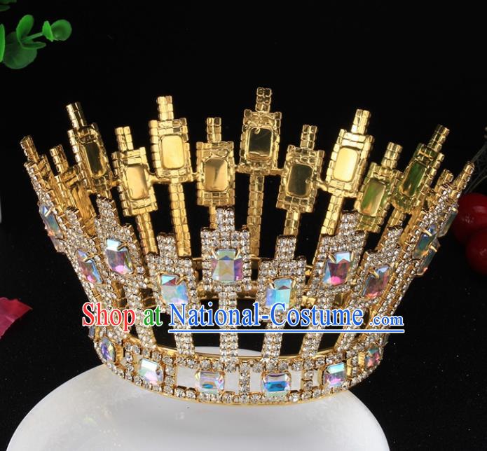 Top Grade Baroque Handmade Crystal Golden Round Royal Crown Bride Retro Wedding Hair Accessories for Women