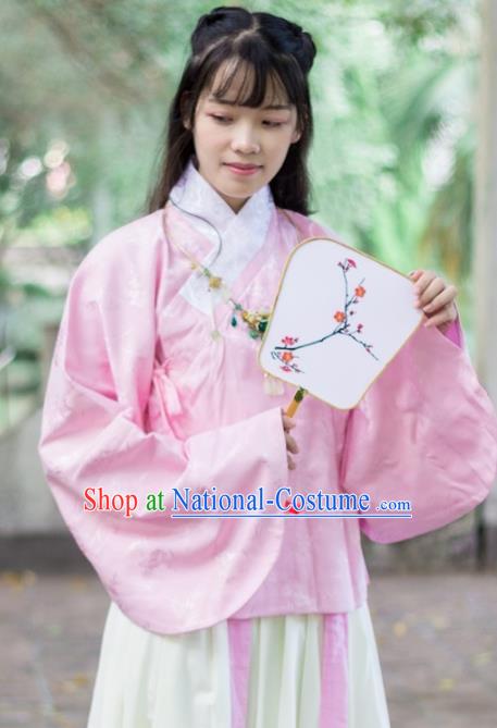 Traditional Chinese Ancient Ming Dynasty Costume Nobility Lady Pink Satin Blouse for Rich Women