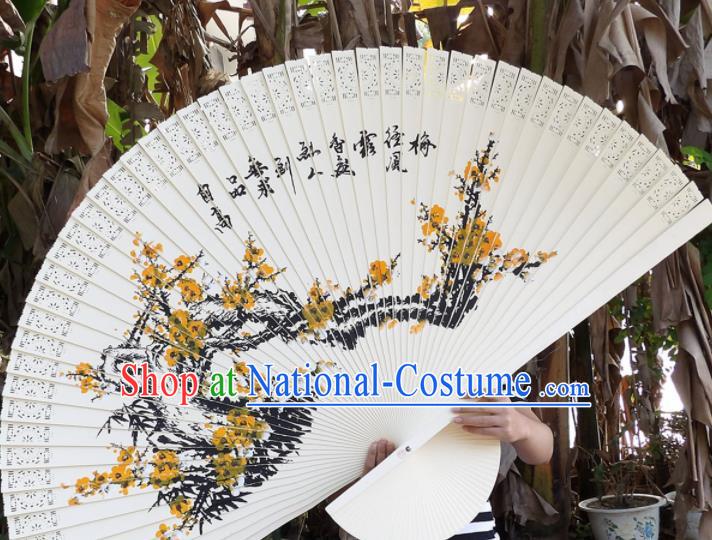 Chinese Traditional Wood Fans Decoration Crafts Handmade Printing Yellow Plum Blossom Folding Fans