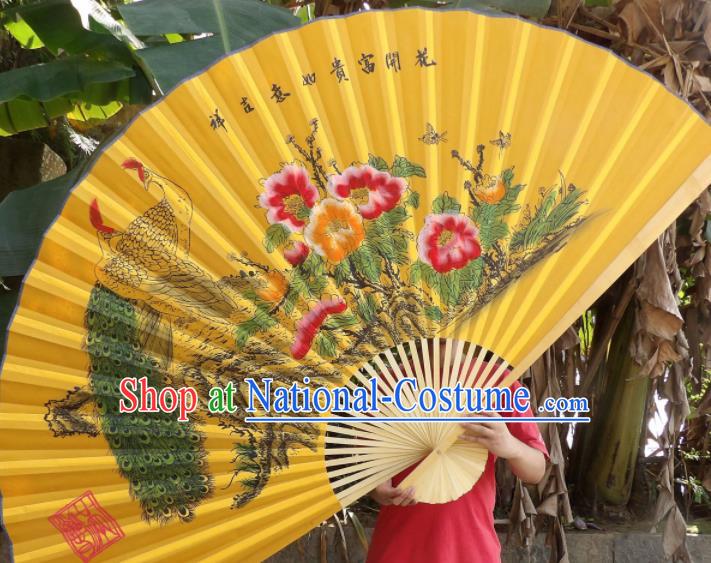 Chinese Traditional Handmade Yellow Silk Fans Decoration Crafts Printing Peacock Wood Frame Folding Fans