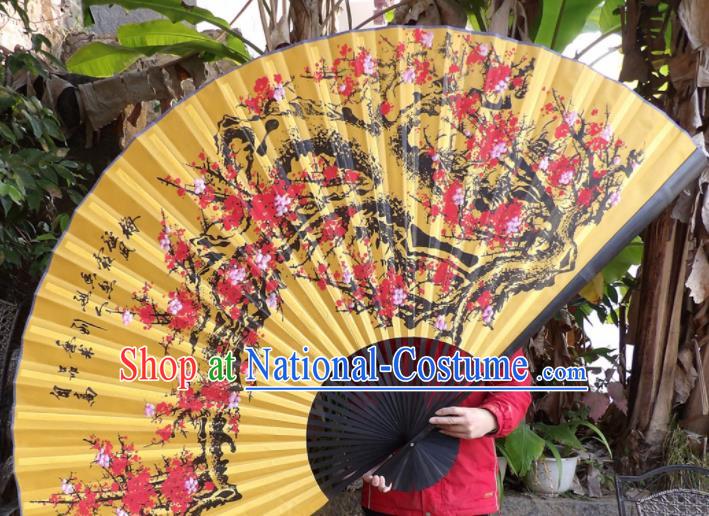 Chinese Traditional Fans Decoration Crafts Painting Plum Blossom Black Frame Folding Fans Yellow Silk Fans