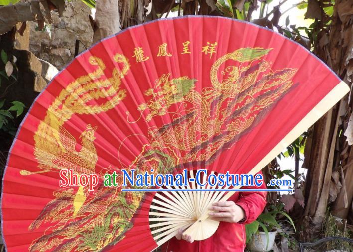 Chinese Traditional Fans Decoration Crafts Painting Dragon Phoenix Wood Frame Folding Fans Red Silk Fans