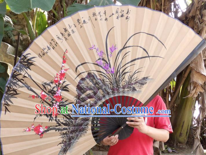 Chinese Traditional Handmade Paper Fans Decoration Crafts Ink Painting Plum Blossom Orchid Bamboo Black Frame Folding Fans