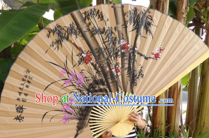 Chinese Traditional Handmade Paper Fans Decoration Crafts Ink Painting Plum Blossom Orchid Bamboo Wood Frame Folding Fans