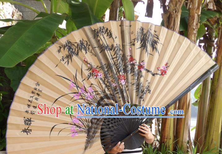 Chinese Traditional Handmade Paper Fans Decoration Crafts Ink Painting Plum Blossom Orchid Bamboo Black Frame Folding Fans