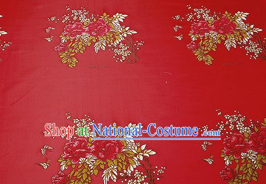 Chinese Traditional Red Brocade Fabric Asian Embroidery Peony Pattern Design Satin Cushion Silk Fabric Material