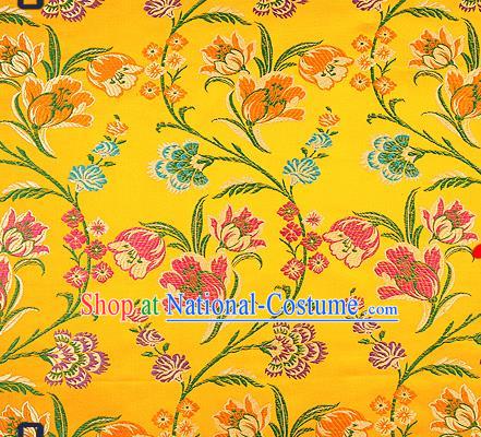 Traditional Chinese Yellow Brocade Drapery Classical Tulipa Pattern Design Satin Cheongsam Silk Fabric Material