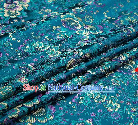 Chinese Traditional Peacock Blue Brocade Drapery Classical Peony Pattern Design Satin Tang Suit Qipao Silk Fabric Material