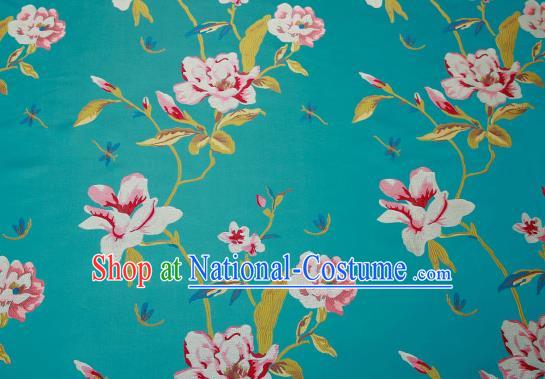 Traditional Chinese Lake Blue Satin Brocade Drapery Classical Embroidery Peony Pattern Design Cushion Silk Fabric Material