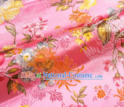 Traditional Chinese Classical Pink Satin Brocade Drapery Chrysanthemum Peony Pattern Design Qipao Dress Silk Fabric Material