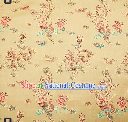 Traditional Chinese Classical Light Golden Satin Brocade Drapery Dragon Phoenix Pattern Design Qipao Dress Silk Fabric Material