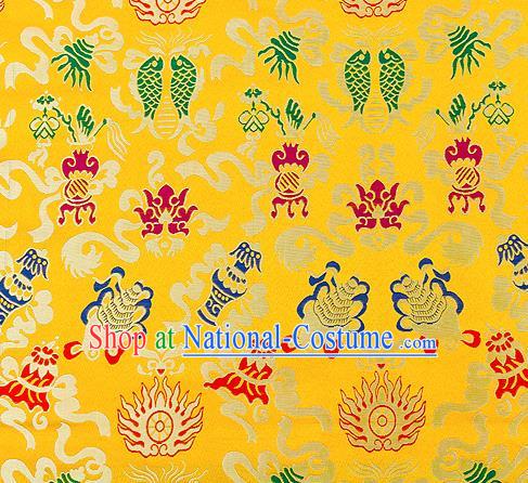 Traditional Chinese Yellow Nanjing Brocade Drapery Classical Fishes Pattern Design Satin Qipao Dress Silk Fabric Material