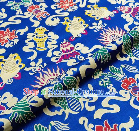 Traditional Chinese Royalblue Nanjing Brocade Drapery Classical Fishes Pattern Design Satin Qipao Dress Silk Fabric Material