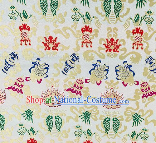 Traditional Chinese White Nanjing Brocade Drapery Classical Fishes Pattern Design Satin Qipao Dress Silk Fabric Material