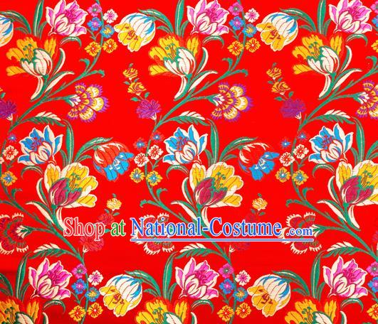 Asian Chinese Traditional Fabric Red Brocade Silk Material Classical Tulipa Pattern Design Satin Drapery